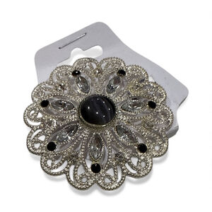 3/20 🥳 Silver Filigree Rhinestone Flower Brooch with Cat’s Eye Center